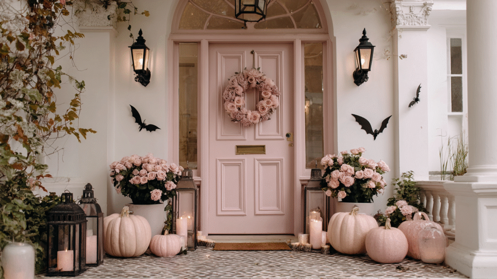 Pink Halloween porch decor with pumpkins, roses, bats, and lanterns surrounding an elegant front door.