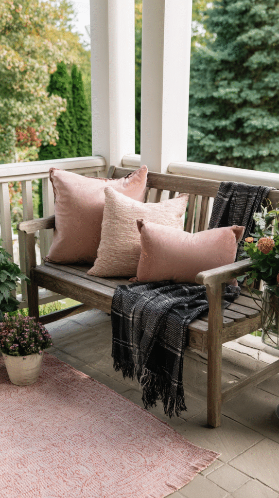 Cozy porch bench with pink pillows, throw blanket, and plants creates a serene outdoor seating area.