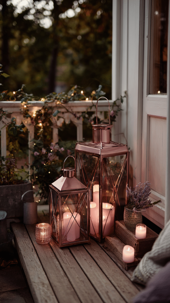 Cozy patio with lit candles in lanterns, surrounded by flowers and fairy lights at dusk.