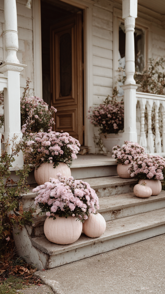 Rustic porch with pink chrysanthemums in pumpkin planters, wooden steps, autumn decor.