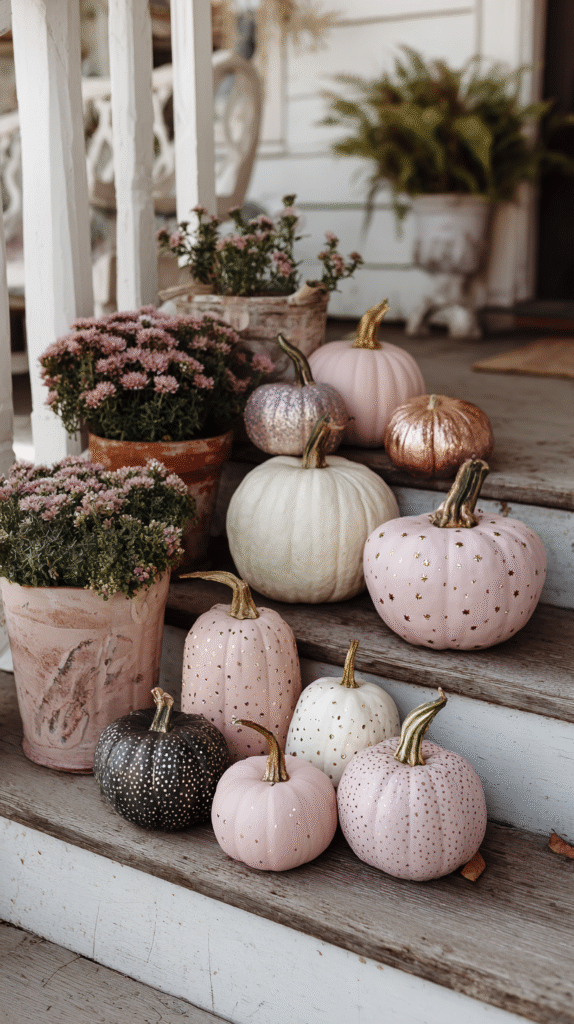 Decorative pastel pumpkins and flowers on a rustic porch step, perfect for autumn decor inspiration.