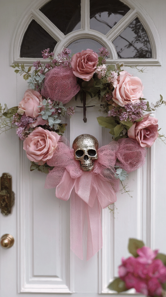 Pink floral wreath with roses and skull accent on white door for a Halloween decoration.