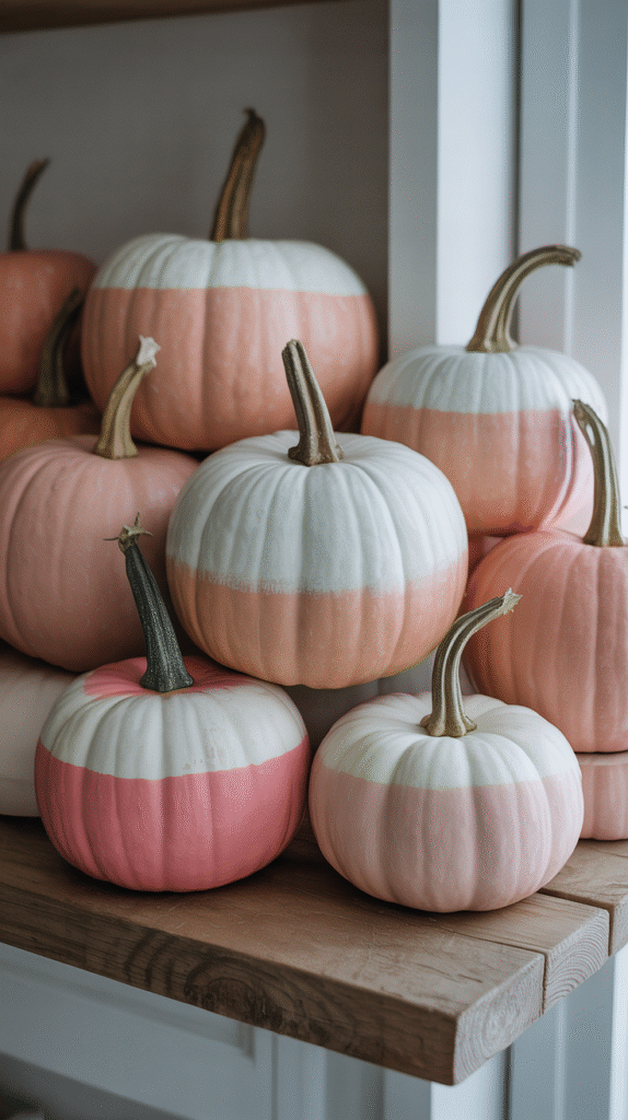Colorful pink and white pumpkins stacked on a wooden shelf for fall decoration.
