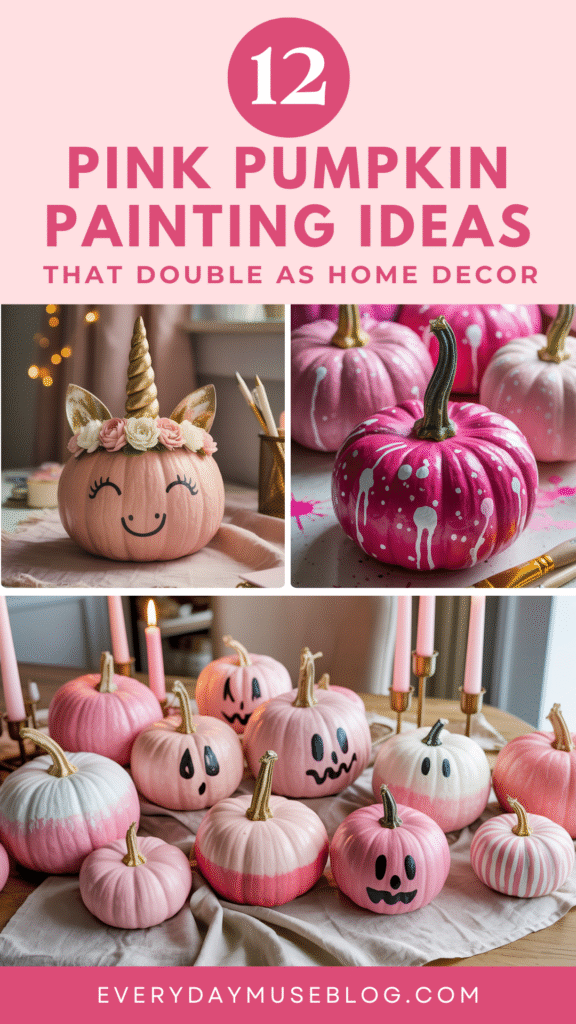 12 pink pumpkin painting ideas for festive home decor with unicorn, ghost, and paint splatter designs.