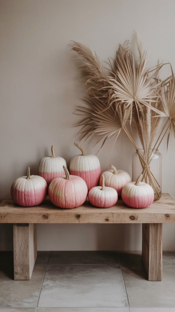 Pink and white pumpkins on a wooden bench with dried pampas grass, creating a chic autumn decor arrangement.