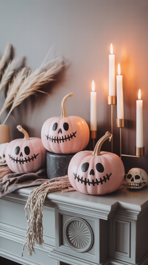 Pink Halloween pumpkins with black faces on a mantel, surrounded by candles and decorative skulls.
