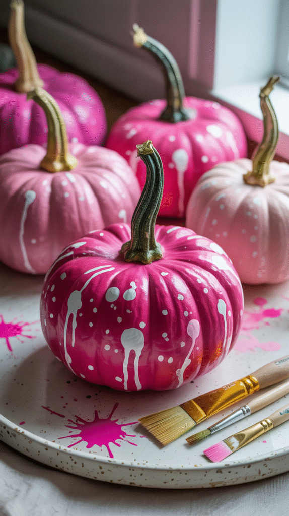 Pink pumpkins with white splatter paint designs on a tray, accompanied by paintbrushes for creative Halloween decor.