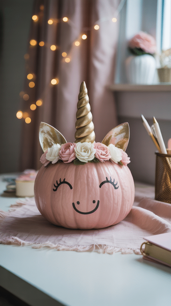 Pink unicorn pumpkin with floral crown and fairy lights, perfect for a whimsical autumn decor setting.