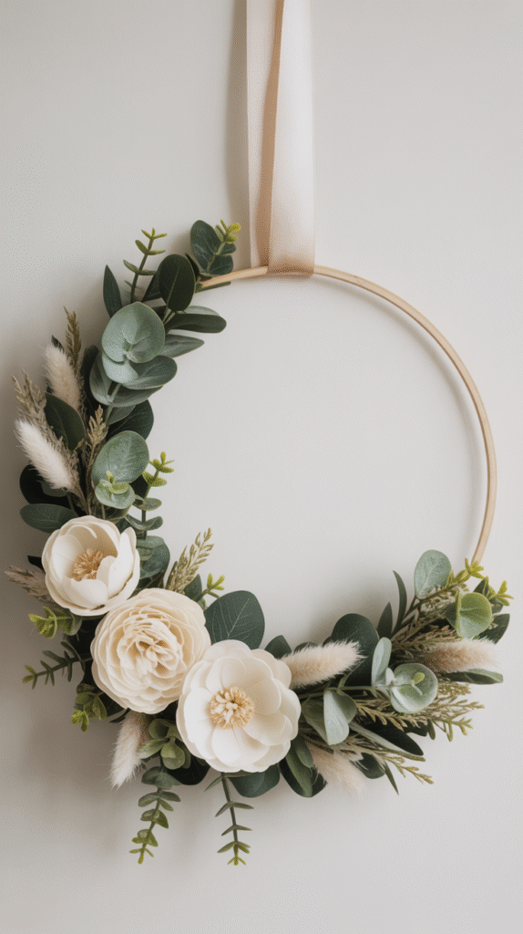 Elegant minimalist floral hoop wreath with cream flowers and eucalyptus leaves on a white wall background.