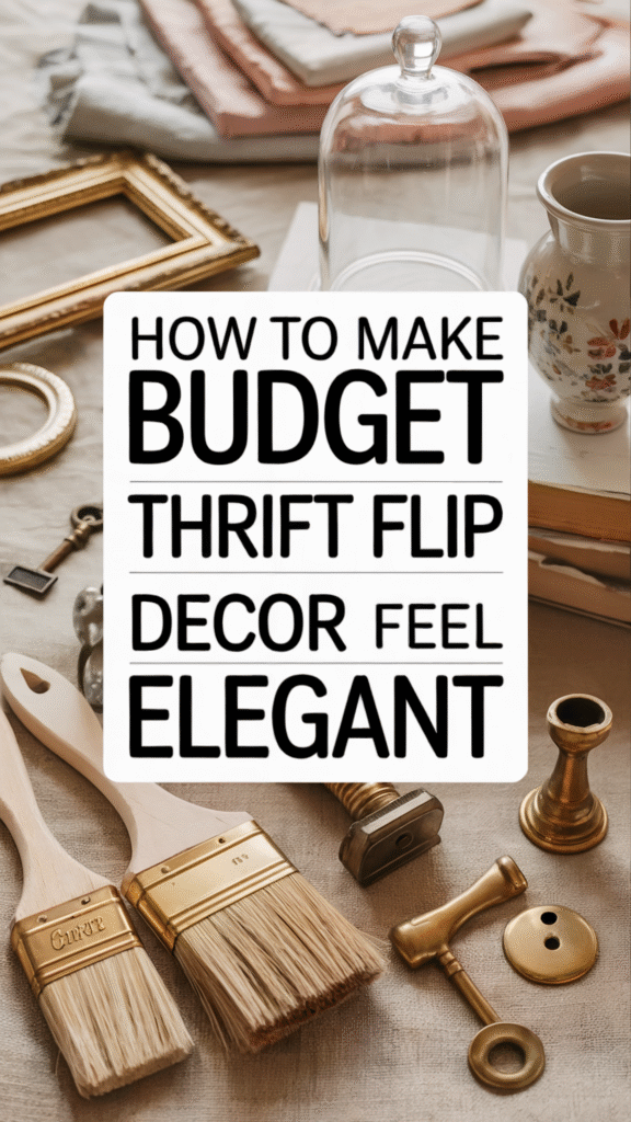 Guide on making budget thrift flip decor look elegant using brushes, vintage items, and creative ideas.