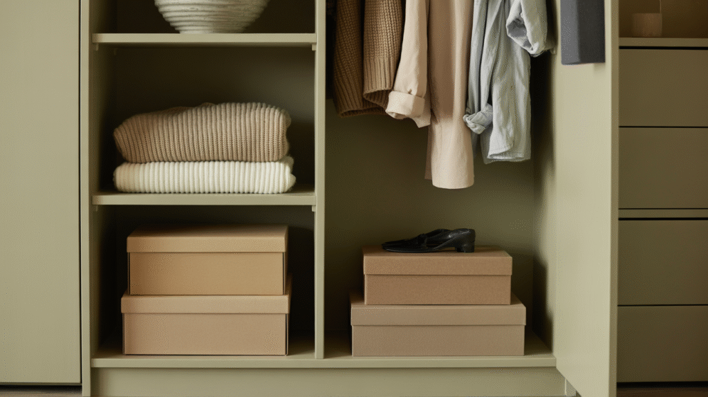 Organized closet with folded sweaters, cardboard boxes, hanging shirts, and a single black shoe on the shelf.