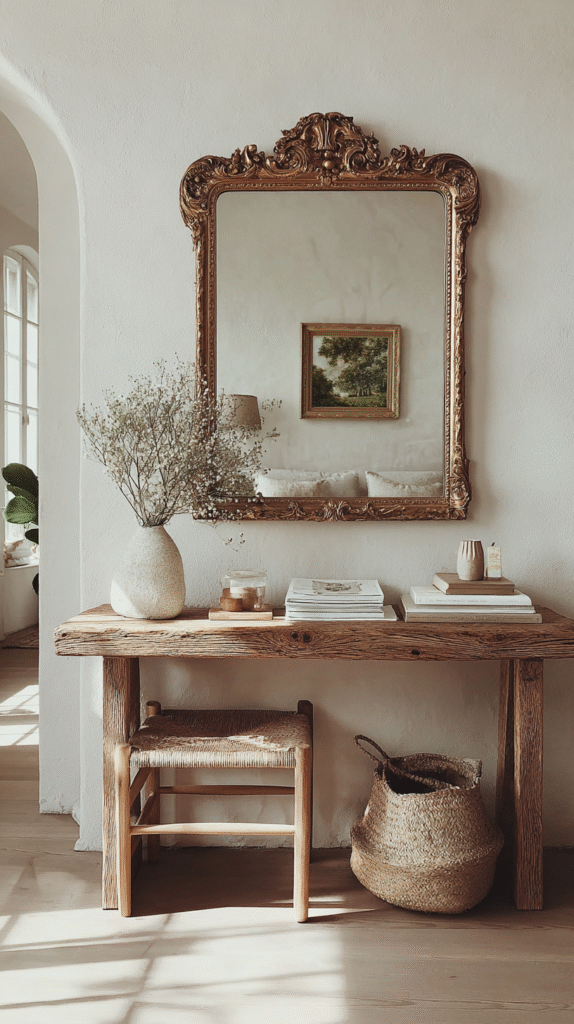 Elegant rustic entryway with a vintage mirror above a wooden table, decorated with books, a vase, and natural accents.