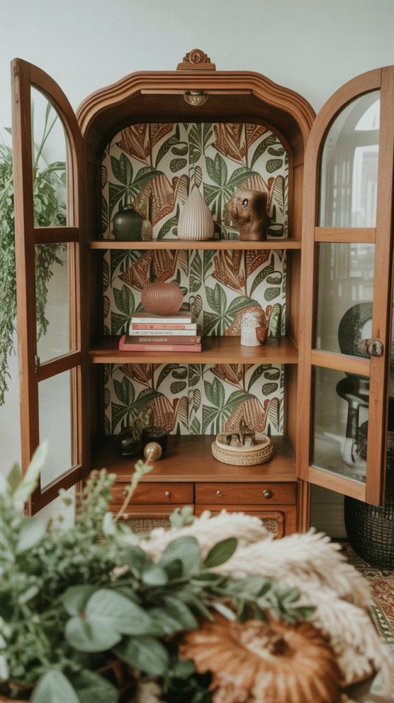 Wooden cabinet with botanical wallpaper, decorative vases, books, and plants for a vintage-inspired home decor.