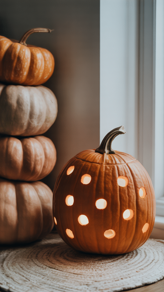 Lit pumpkin with polka dot carvings beside stacked pumpkins by a window, creating a warm autumnal decor.