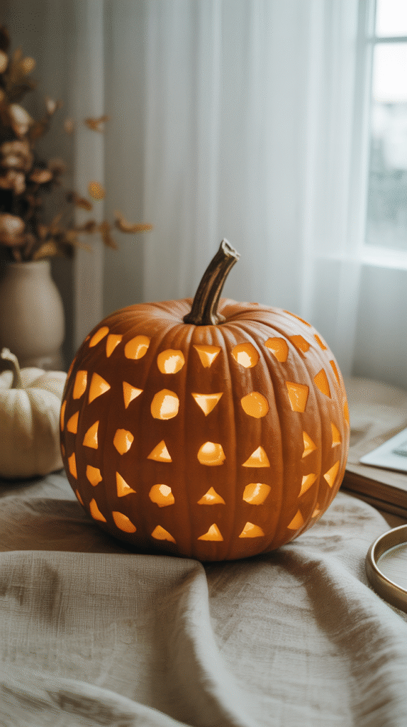 Decorative pumpkin lantern with geometric cutouts glowing on a table, creating a cozy autumn ambiance.