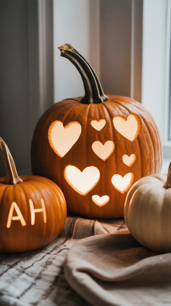 Carved pumpkins with heart designs and initials, glowing warmly in a cozy autumn setting. Perfect for Halloween decor.