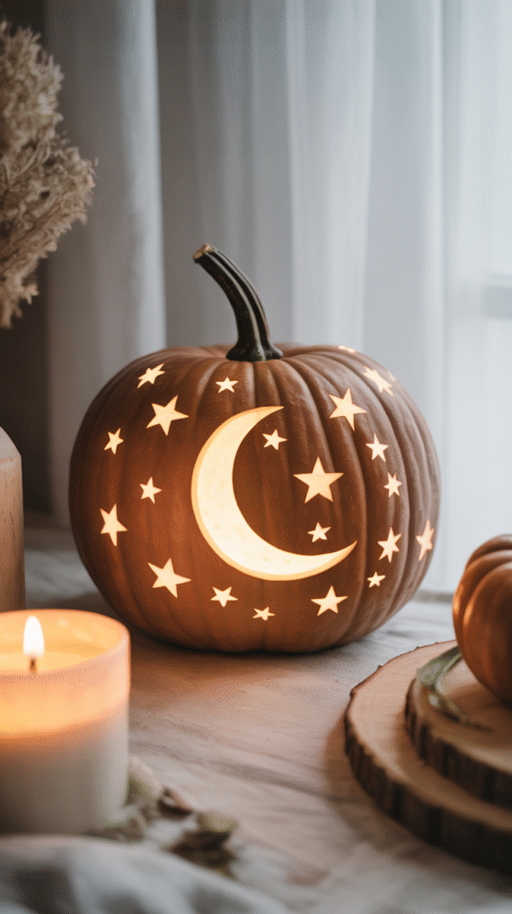 Carved pumpkin with illuminated crescent moon and stars, next to candle on cozy table setting.