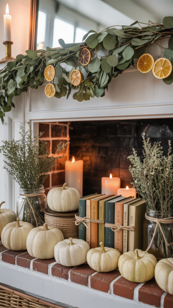 Cozy fall mantel decor with white pumpkins, candles, books, and dried citrus garland. Perfect for autumn inspiration.