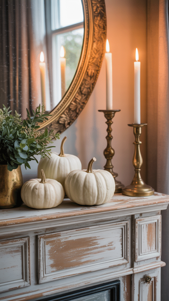 Elegant fall decor: White pumpkins, candles, and greenery on a rustic mantel with mirror. Cozy autumn ambiance.