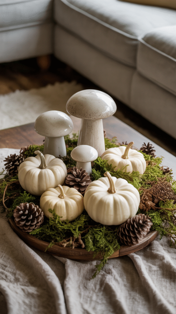 Rustic autumn centerpiece with white pumpkins, pinecones, ceramic mushrooms, and moss on a wooden tray.