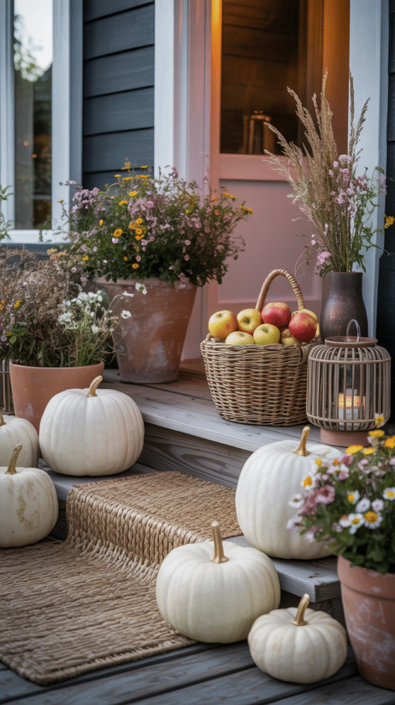 Cozy autumn porch with white pumpkins, apples in a basket, and colorful flowers adorning wooden steps.