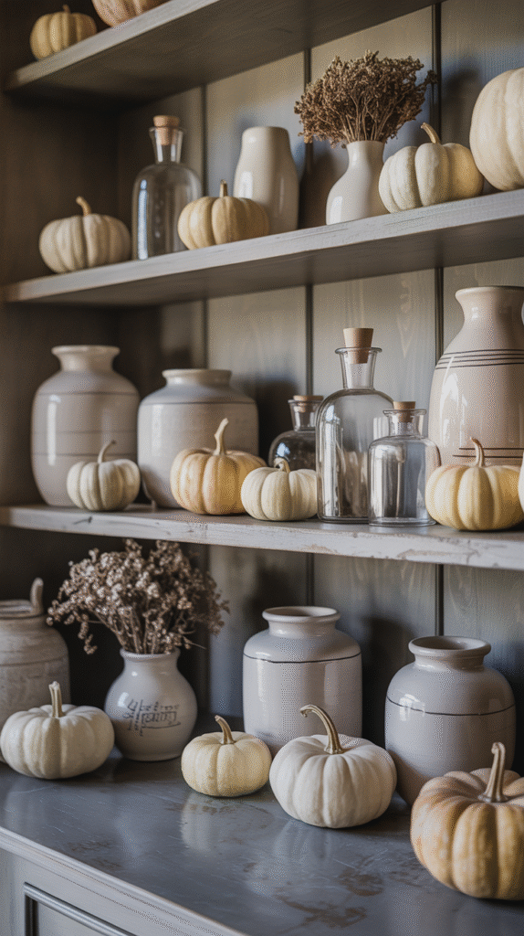 Rustic kitchen shelf with white pumpkins and ceramic jars, creating a cozy autumn decor.