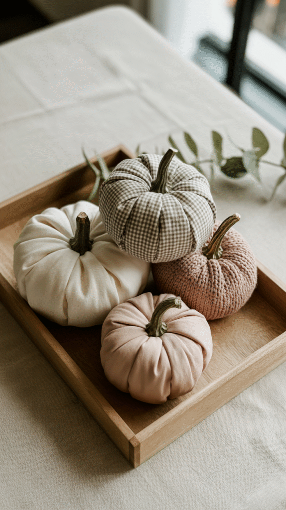 Decorative fabric pumpkins on a wooden tray, adding cozy fall decor to a neutral-toned table setting.