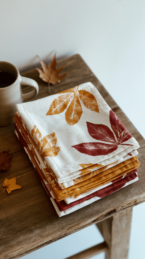 Autumn-themed napkins with leaf patterns on a wooden table, next to a coffee mug and fallen leaves.