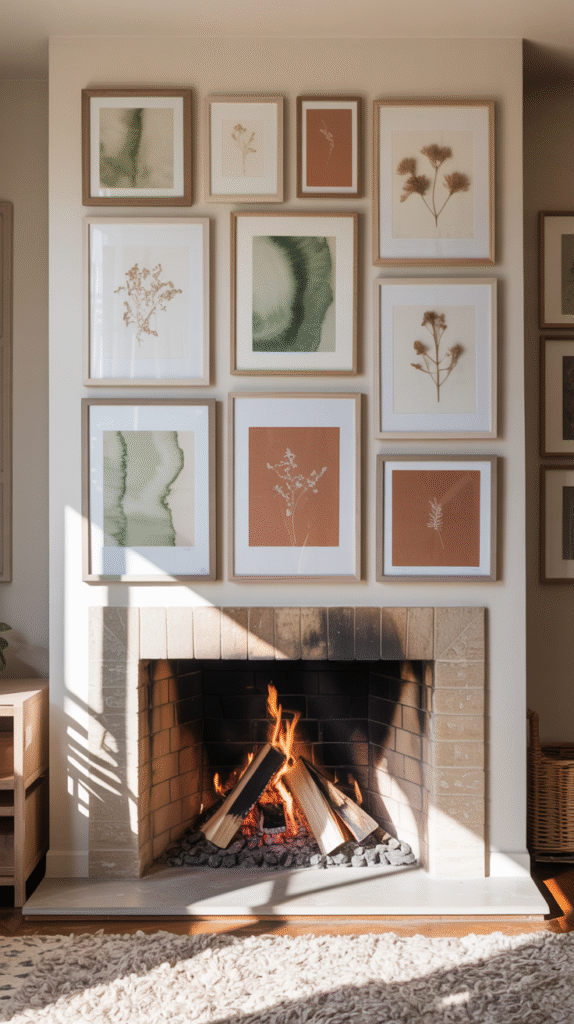 Cozy living room with a lit fireplace and framed botanical art gallery on the wall. Warm, inviting home decor.