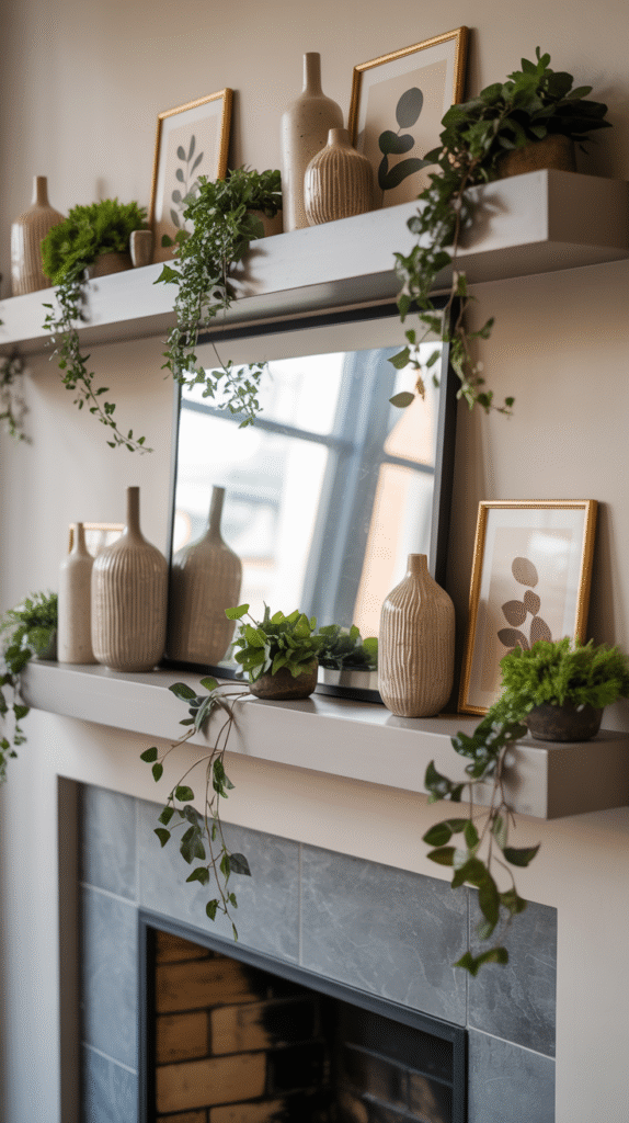 Modern mantel decor with framed art, ceramic vases, and lush greenery for a stylish interior design.