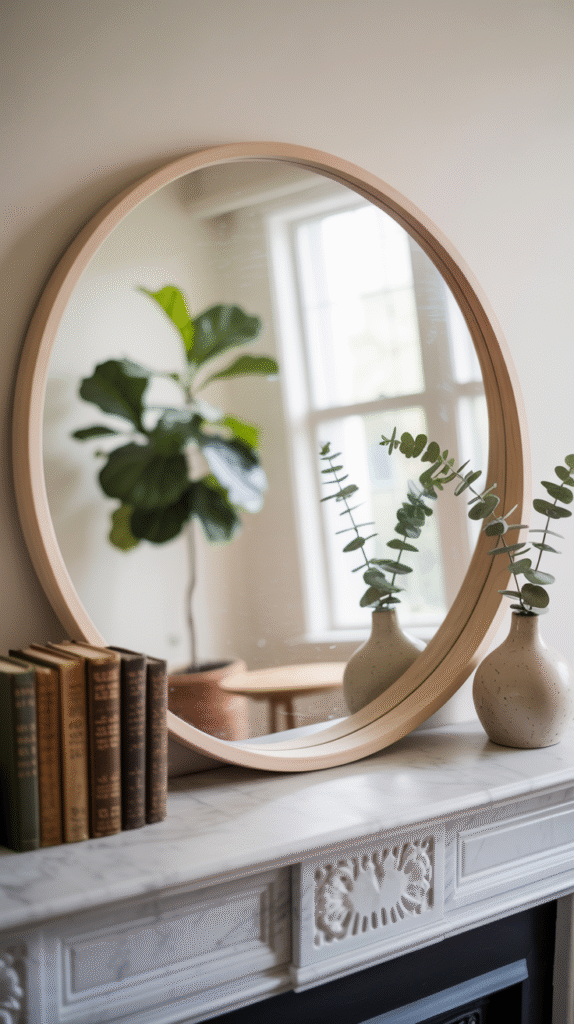Round mirror on elegant mantel with books and vase, reflecting indoor plant by bright window. Cozy, modern decor.