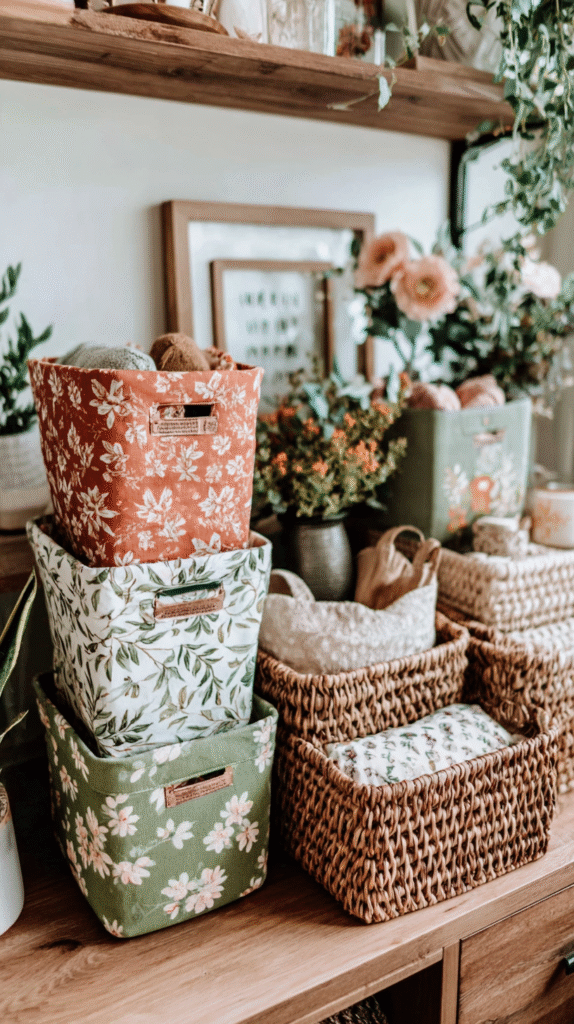 Decorative storage baskets with floral patterns on a wooden shelf, surrounded by plants and framed art.