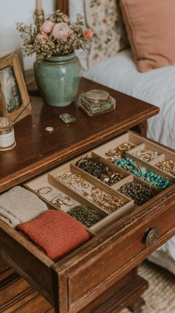 Open drawer with organized jewelry and cozy knits; vase with flowers on a wooden table, vintage decor style.