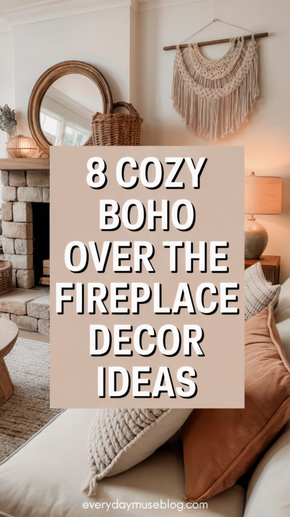 Cozy boho living room with fireplace, rustic mirror, macrame wall hanging, and earthy decor elements.