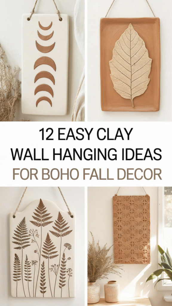 Clay wall hangings with boho designs for fall decor, featuring moons, leaves, ferns, and geometric patterns.