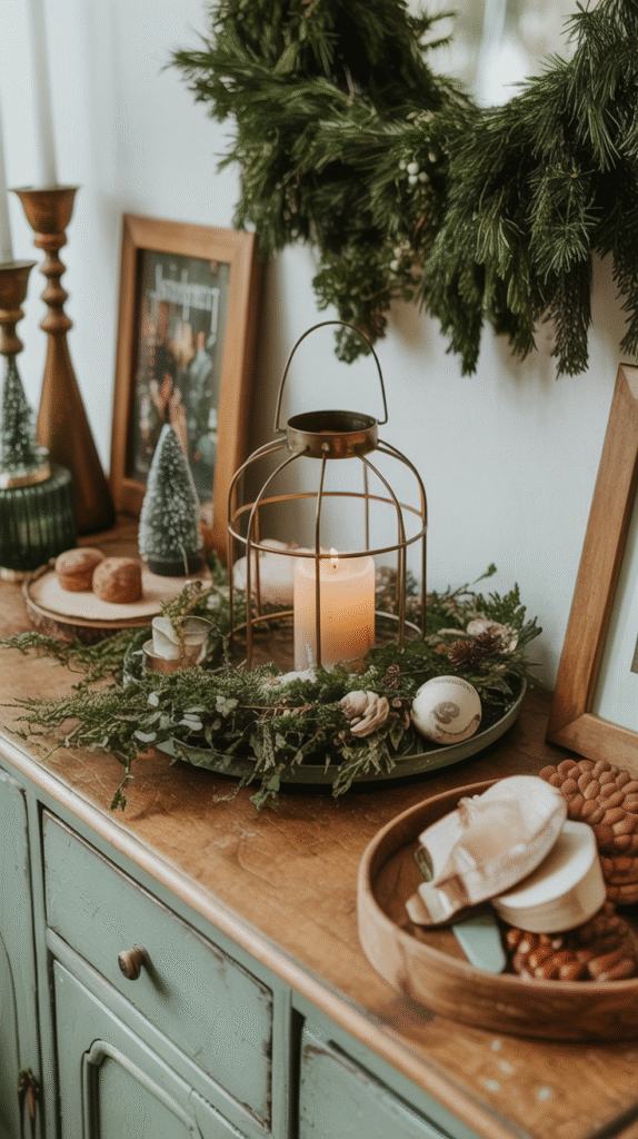 Festive holiday decor on wooden table: candle lantern, wreath, evergreen accents, and framed art. Cozy and inviting atmosphere.