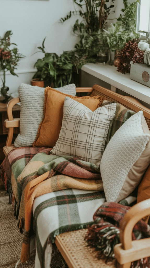 Cozy sofa with plaid throw blanket and cushions, surrounded by indoor plants for a warm, inviting space.