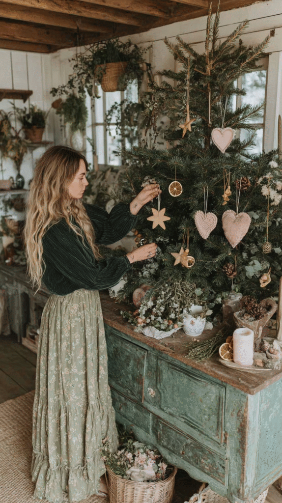 Woman decorating rustic Christmas tree with natural ornaments in cozy vintage-themed room.