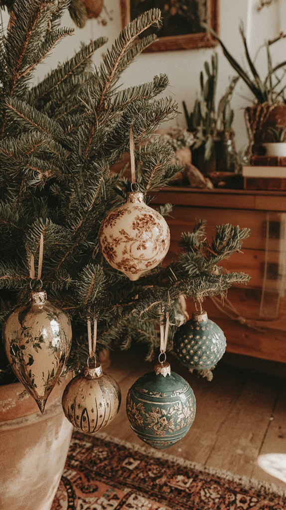 Vintage Christmas ornaments hanging on a decorated evergreen tree in a cozy, rustic living room.