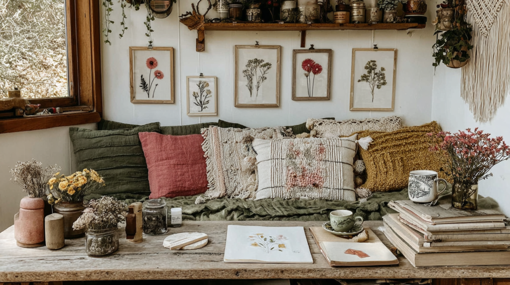 Cozy boho nook with cushions, wooden table, dry flowers, and framed botanical art; perfect for relaxation.