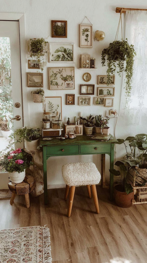 Cozy room with green desk, plants, and nature-themed art on the wall. Bohemian decor with light wood floors.