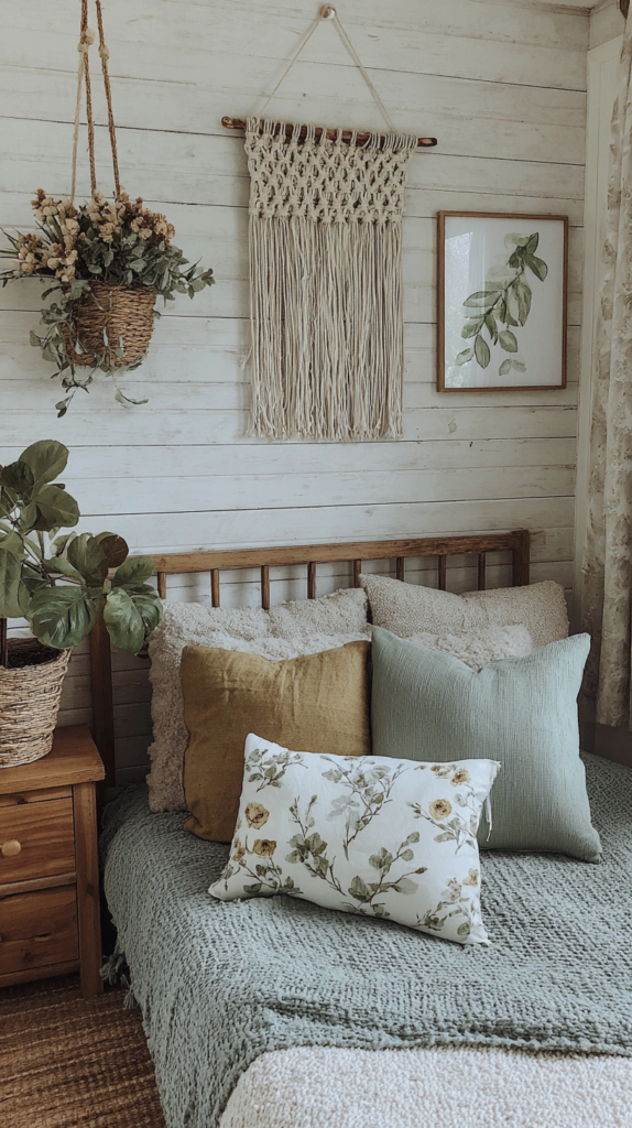Cozy bedroom with decorative pillows, macrame wall art, potted plants, and wooden accents for a rustic charm.