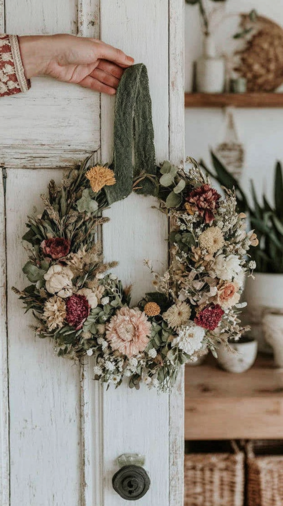Hand placing colorful floral wreath on rustic white door for cozy home decor.
