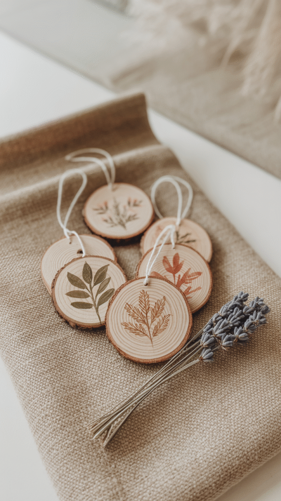 Wooden ornaments with plant designs and lavender on burlap fabric for rustic decor.