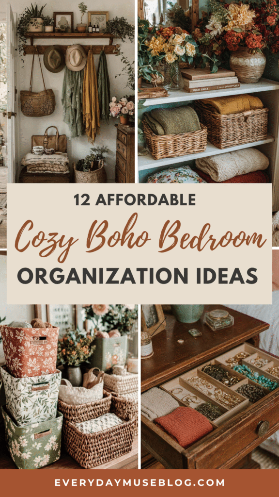 Boho bedroom organization ideas: cozy decor, storage baskets, and plants. Perfect for affordable and stylish room organization.