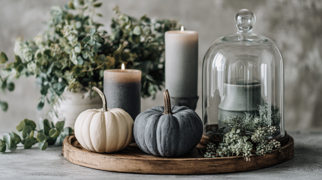 Autumn decor with white and gray pumpkins, candles, and greenery on a wooden tray for a cozy fall atmosphere.