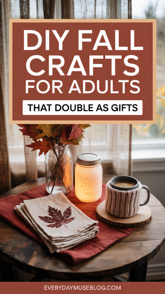 DIY fall crafts for adults, cozy decor with a lit candle jar, cup, and autumn leaves.