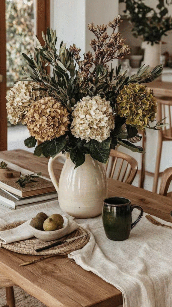 Elegant floral arrangement in a ceramic vase on a rustic wooden table with cozy decor.