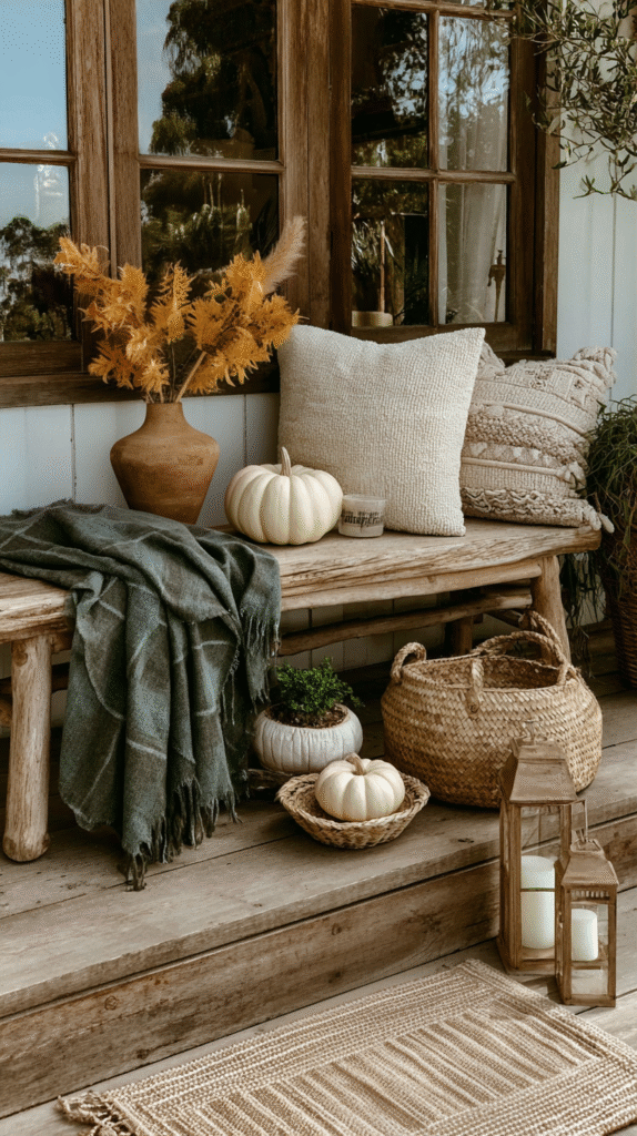Cozy autumn porch decor with pumpkins, rustic bench, pillows, woven basket, and candles for a warm, inviting vibe.