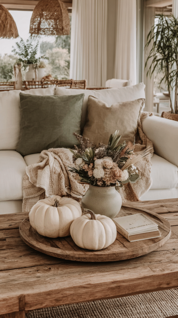 Cozy living room with pumpkins, flowers, and neutral-toned pillows on a sofa, creating a warm autumn atmosphere.